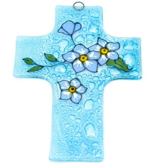 Handmade Fused Art Glass Forget Me Not Floral Flower Cross Hanging Sun Catcher