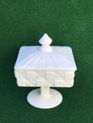 Vintage Westmoreland Square Footed Milk Glass Candy Dish With Lid