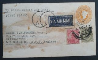 Rare 1929 India To London First Flight 2a6p Stamped Cover 2 Extra Stamps