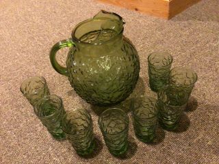 Anchor Hocking Glass Ball Pitcher Lido Milano Forest Green Crinkle & 8 Glasses