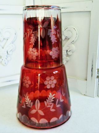 Vintage Bohemian Czech Cranberry Red Cut To Clear Bedside Tumble Up 2 - Pc Carafe