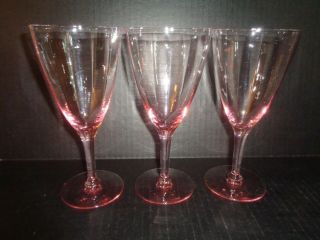 Fostoria Vintage (3) Optic Paneled Pink Wine Glasses / Water Goblets