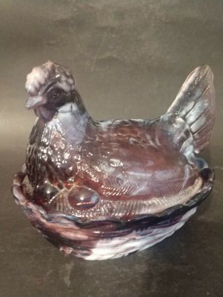 Purple & White Slag Glass Hen On Nest Lidded Candy Dish