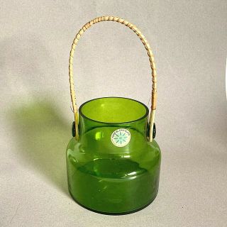 Vintage Takahashi Green Blown Glass Jar With Wicker Rattan Handle Japan
