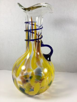 Vintage Murano Glass Pitcher Vase Multicolored Cobalt Applied Handle