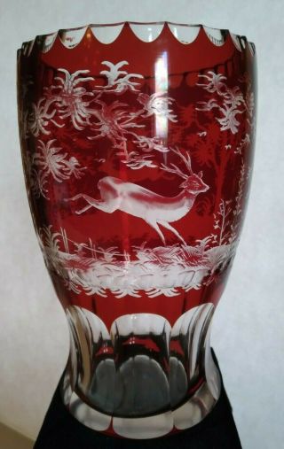 Vintage Large Bohemian Ruby Etched Glass Vase,  Stein,  Or Glass W/ Deer Stag Nr