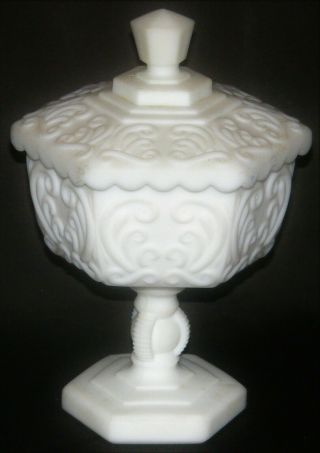 Imperial Atterbury Scroll White Satin Glass Pedestal Bowl Compote With Lid