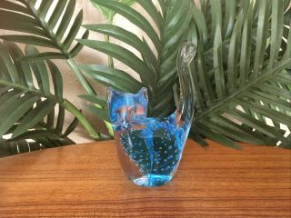 Vintage Aqua Blue Murano Art Glass Controlled Bubbles Cat Glass Figurine