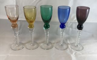 Set Of (5) Vintage Mid Century Colored Twist Stem Wine Glasses Goblets Art Glass