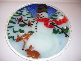 Vintage Peggy Karr Signed Fused Glass Snowman Reindeer Plate