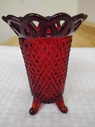 Vintage Imperial Diamond Point Ruby Red Glass Lace Edged Vase.