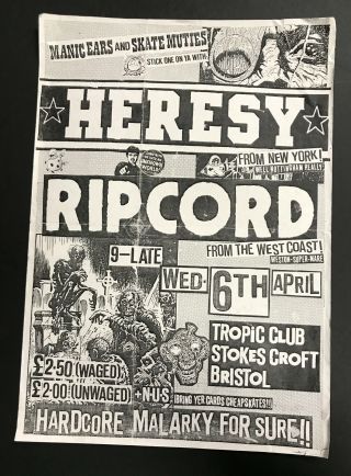 Heresy And Ripcord 11.  5x16 " Concert Flyer Circa 1987 Punk Kbd Hardcore