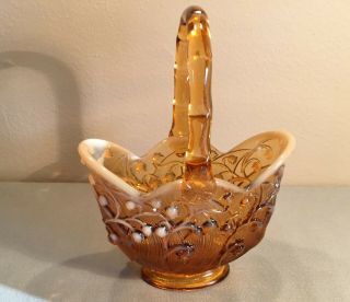 Vintage Fenton Amber Art Glass Lily Of The Valley Basket Opalescent 8 " Tall