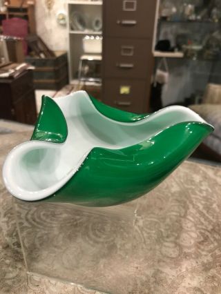 Vintage Mid Century Modern Green & White Art Glass Ashtray Centerpiece