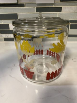VINTAGE HAZEL ATLAS ANCHOR HOCKING TULIP FENCE JAR WITH LID YELLOW RED WHITE 2