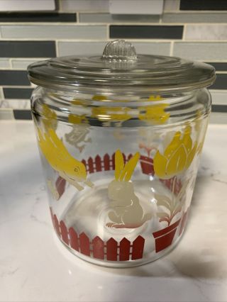 VINTAGE HAZEL ATLAS ANCHOR HOCKING TULIP FENCE JAR WITH LID YELLOW RED WHITE 3