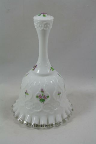 Fenton Ruffled Silver Crest White Dinner Bell With Hand Painted Purple Flowers