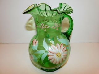 Antique Victorian Green Glass Enamel Floral Large Water Pitcher