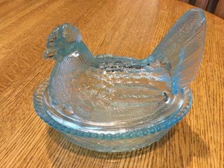 Vintage Blue Opalescent Westmoreland Glass Hen On Nest