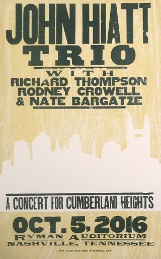 John Hiatt Trio - Richard Thompson - Hatch Show Print - Ryman Auditorium - Poster