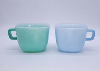 (2) Vintage Glasbake Square Coffee Soup Mugs Cups Pastel Blue & Green