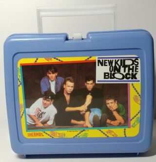 Vintage 1990 Kids On The Block Blue Hard Plastic Lunch Box W/Thermos NKOTB 2