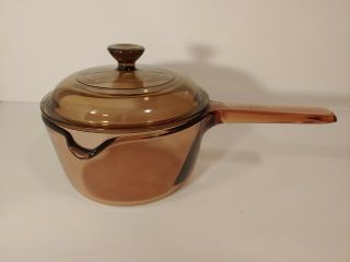 Vintage Corning Pyrex Vision Ware 1l Amber Glass Pot Sauce Pan W/ Lid V - 1 - C
