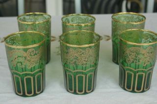 Set Of (6) Antique Bohemian Juice Glasses Floral Enameled Green & Gold
