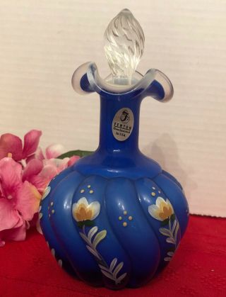 Fenton Hand Painted Signed Nutter Blue Overlay Perfume Bottle