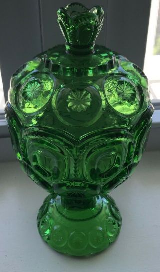 Vintage Smith Glass Moon & Stars Green 8.  5 " H Footed Covered Candy Dish Bowl