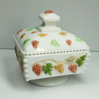 Vintage Westmoreland Hand Painted Hobnail Milk Glass Candy Dish (r)
