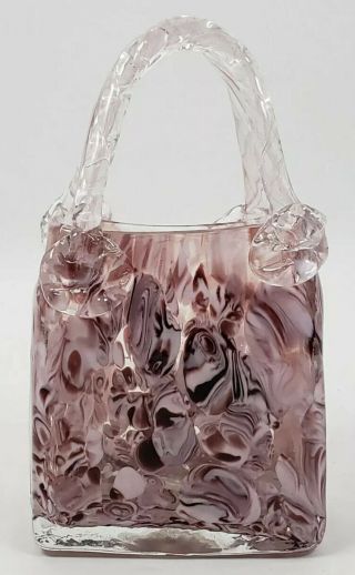 Murano Vintage Hand Blown Art Glass Purse Vase,  Purple Lavender Swirl Design