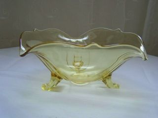 Vintage Topaz Yellow Three Footed Depression Glass Petal Bowl Flared 8 1/2 "