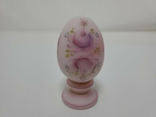 Fenton Art Glass Pink Hand Painted Floral Pedestal Egg On Stand