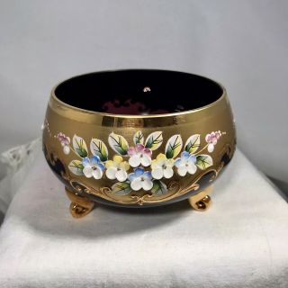Vintage Bohemian Czech Glass Purple Gold Gilt 3d Flower Candy Dish 3 Footed