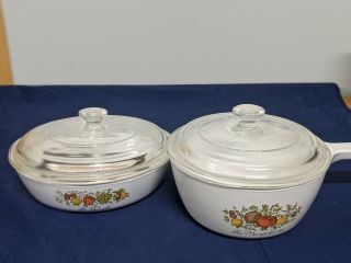 2 Vintage Corning Ware P - 82 - B P - 83 - B Spice Of Life Handled Sauce Pans With Lids