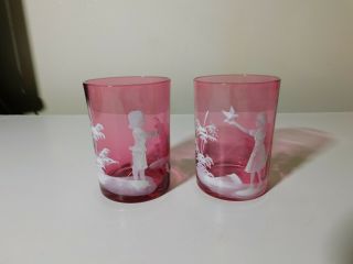 2 Vintage Cranberry Mary Gregory Tumblers Girl With Bird & Boy Fishing Excel 