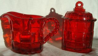 Viking Ruby Red Glass Ashley Basket Weave Pattern Cream & Sugar Creamer
