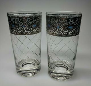 2 Vintage Culver Silver & Blue Tumbler Drinking Glasses Highball 5.  75 " Euc