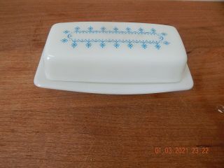 Vintage Pyrex Butter Dish With Lid - White With Blue Snowflake Print Milk Glass