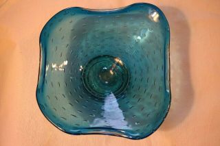 Vintage Art Glass Dish Controlled Bubbles Blue Freeform Murano?