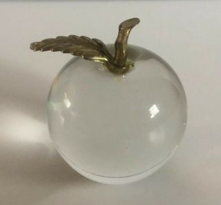 Vintage Clear Art Glass Apple Paperweight W/gold Metal Stem & Leaf