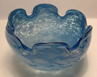 Murano Vintage Signed Art Glass Blue Clear White Winter Rose Bowl W/ Folded Edge
