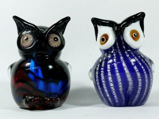 Two Dale Tiffany Favrile Art Glass Owl Owls Blue/white & Multi - Color 4.  5 " High