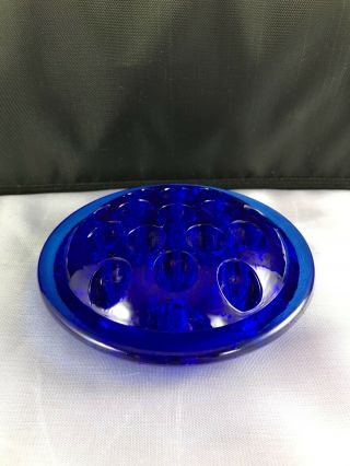 Vintage Art Deco Cobalt Blue Glass 4 1/4” Round Disc Flower Frog 16 Hole