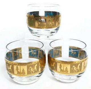 3 Vintage Colony Roly Poly Glass Old Fashioned Gold Carousel Motif Barware