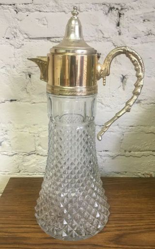 Vintage Diamond Glass Silver Plate Wine Sangria Pitcher Jug Water Carafe