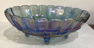 Large Vintage Blue Carnival Glass Oval Footed Fruit Bowl 12x9 Indiana Harvest