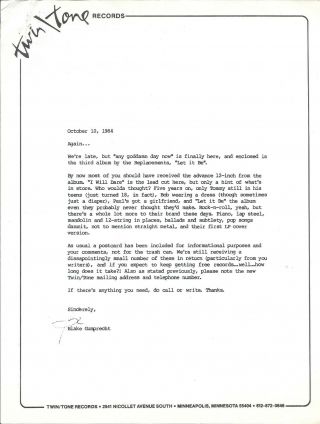 The Replacements,  Rare Official Record Company Press Release,  1984,  Let It Be