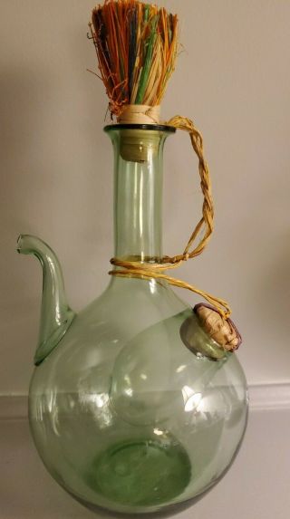 Hand Blown Green Glass Wine Bottle Decanter With Ice Chamber From Italy
